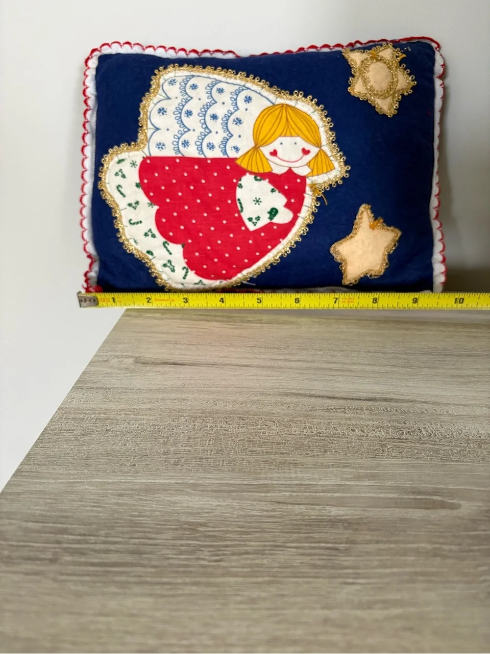 Vintage Handmade Angel Applique Folk Art Cottage Christmas Felt Pillow Decor